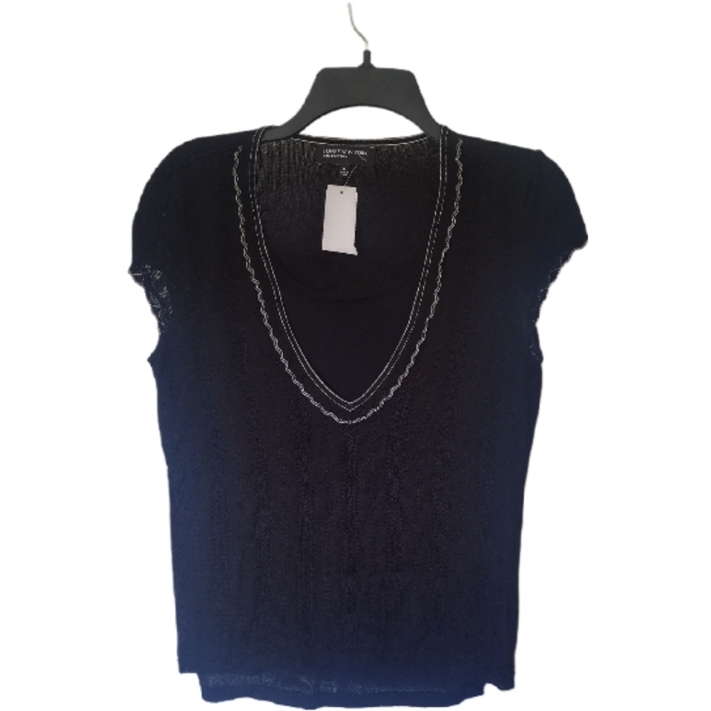 JONES NEW YORK Black Sweater Top White Trim & lined front size M - Picture 1 of 3